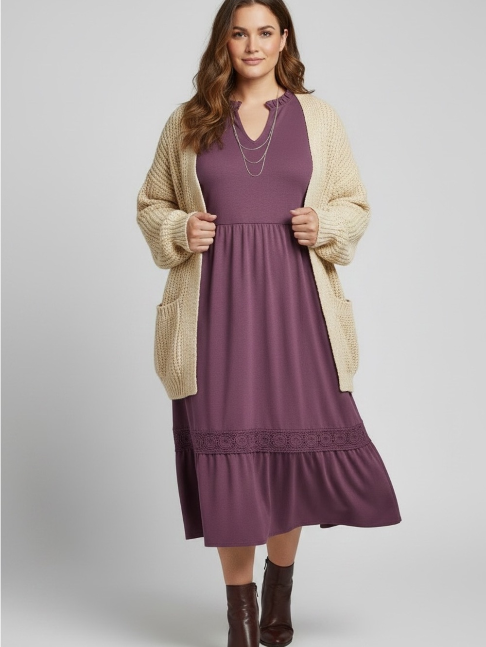 BloomChic Plus-Size Long Sleeve Purple Tiered Midi Dress long sleeve